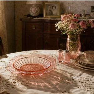 Jeanette Adam Pattern Pink Depression Glass Oval Serving Bowl Dutch Rose 1930s